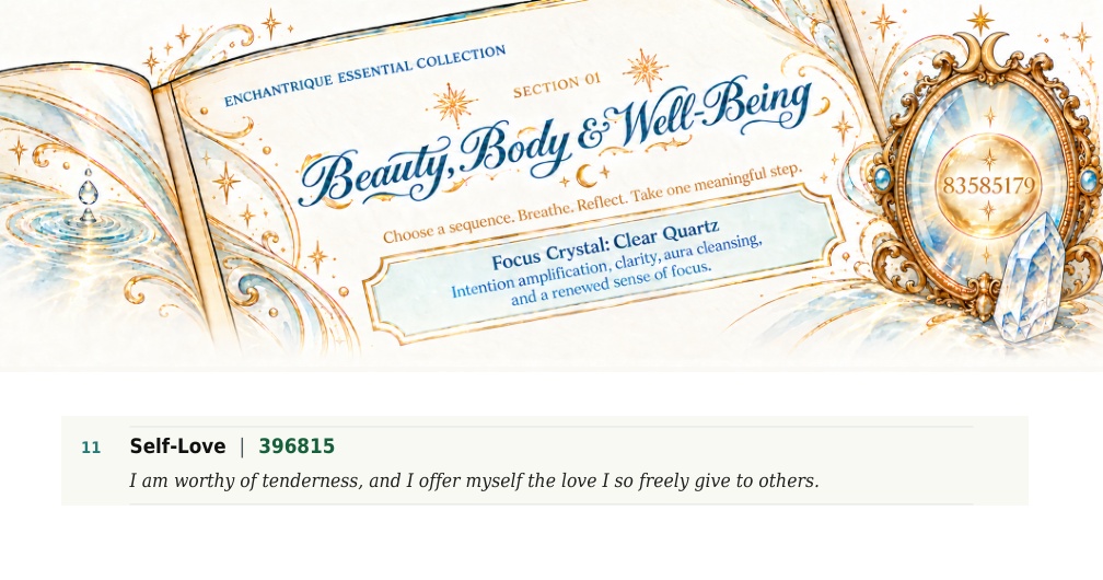 Approved Version 4 illustrated Beauty, Body and Well-Being header with the Self-Love entry: 396815. I am worthy of tenderness, and I offer myself the love I so freely give to others.